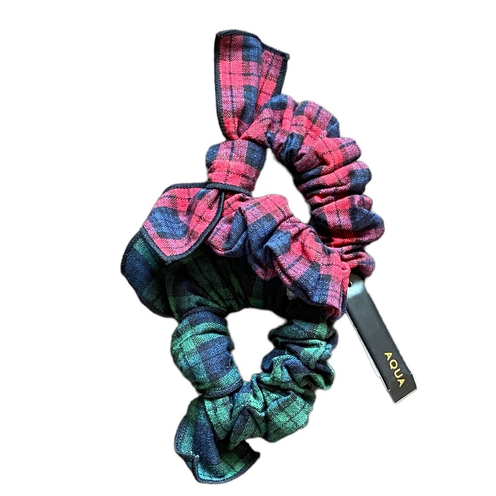 {Aqua) 2pc. Bow hair scrunchie in plaid - Picture 3 of 3